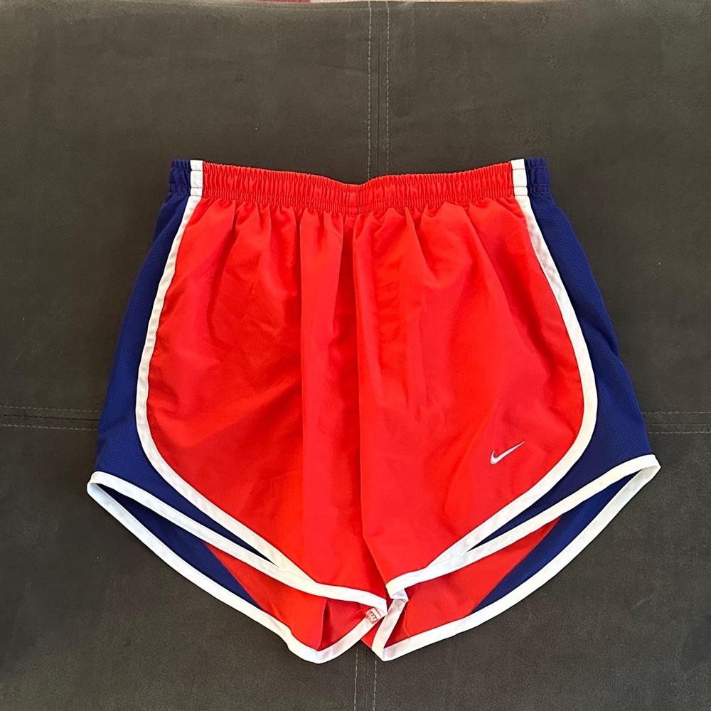 Nike Women's Vibrant Red and Navy Dri-Fit Tempo Shorts
